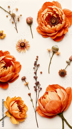 calmly arranged large orange and smaller yellow flowers on a white surface viewed from top-down with elegant paper-like petals and wooden stems creating a serene and elegant home decor.