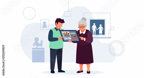 Young man showing family photos on a tablet to an elderly woman