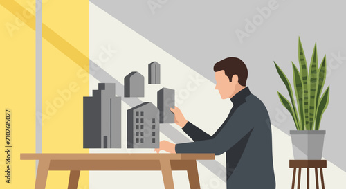 Architect working on a digital 3d city model at a wooden desk in office