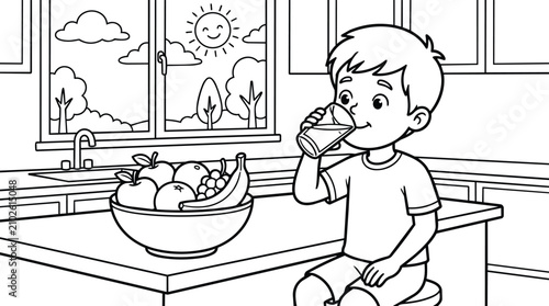 Child drinking water in kitchen with fruit bowl in vector line art