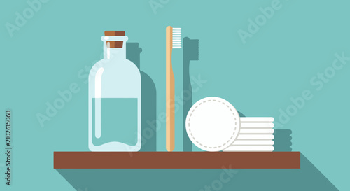 Bathroom accessories with wooden toothbrush and cotton pads on a shelf
