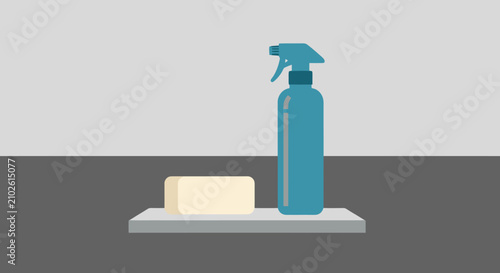 Blue spray bottle and bar of soap on a shelf for cleaning supplies
