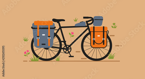 Black touring bicycle with grey and orange panniers for travel. Flat vector illustration of bike adventure and exploration on a neutral background.