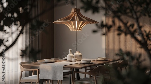 Elegant dining room with modern pendant light and table setting.