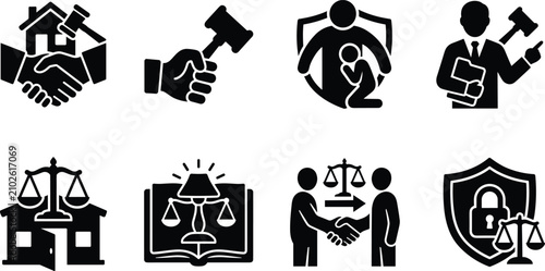 Law and Justice Icon Set Featuring Court Gavel Scale of Justice Legal Agreement and Victim Protection Symbols