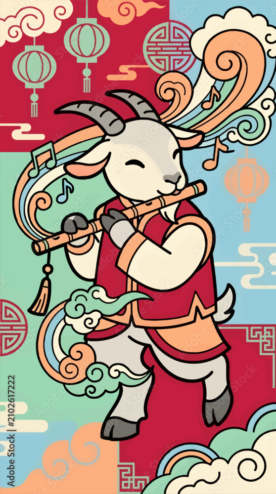 Fototapeta premium Cute Goat Playing Flute with Musical Notes and Swirling Clouds, Chinese New Year Celebration with Lanterns and Traditional Patterns, Flat Vector Illustration