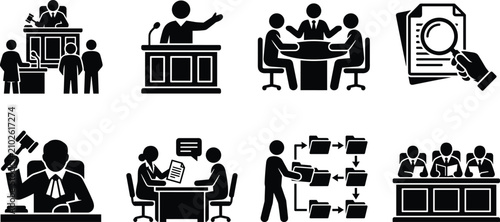 Fotografie Law justice and court system stick figure icon set with legal advice trials and