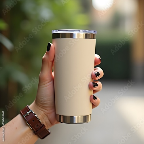 Close-up of a woman's hand holding a reusable insulated stainless steel tumbler at an outdoor cafe, promoting a zero-waste, plastic-free lifestyle.