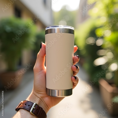 Woman holding a reusable stainless steel thermal tumbler at an outdoor cafe. Eco-friendly, zero-waste concept.
