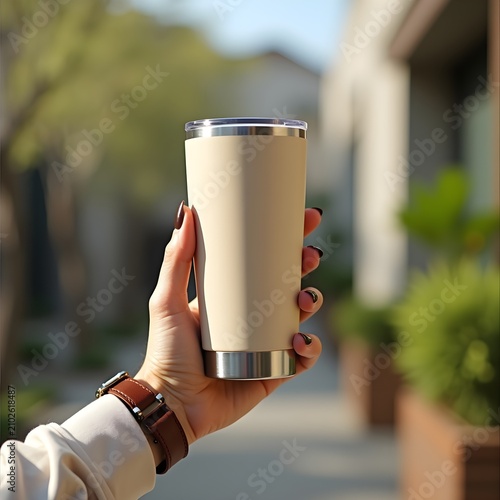 Woman holding a reusable stainless steel thermal tumbler at an outdoor cafe. Eco-friendly, zero-waste concept.