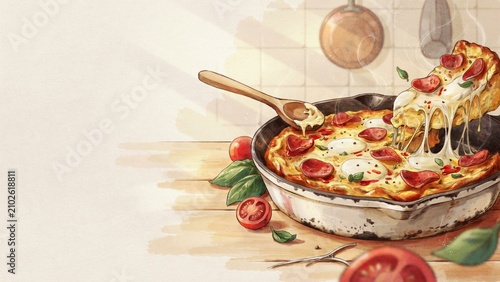 A national dish of American cuisine. 
Pizza in a frying pan. Pizza is baked directly in a heavy cast-iron frying pan. Photo with space for text.
