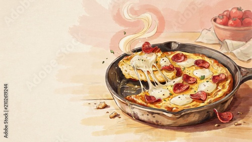 A national dish of American cuisine. 
Pizza in a frying pan. Pizza is baked directly in a heavy cast-iron frying pan. Photo with space for text.