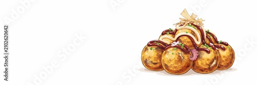 A national dish of Japanese cuisine. 
Traditional takoyaki balls. A banner with space for text.