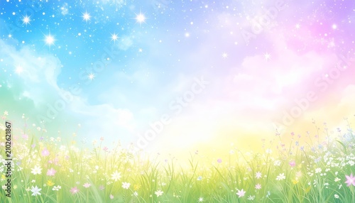 a beautiful meadow with flowers and stars