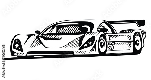 Fotografie High-performance modern Le Mans hypercar endurance racer drawing featuring sleek lines, low-profile cockpit, and giant stabilizing fin
