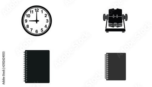 Wall clock rolodex and spiral notebook flat black vector icon set