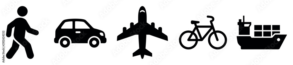 Fototapeta premium Transportation icons set. Modes of travel and movement concept. Includes walking person, car, airplane, bicycle, cargo ship. Solid black silhouette style
