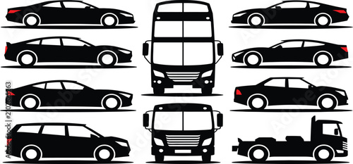 Billede på lærred Set, of, black, silhouettes, and, icons, representing, transport, vehicles, cars