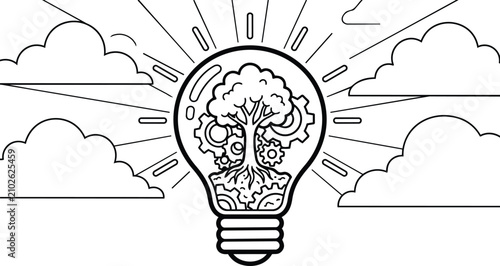 Line art light bulb with tree and gears symbolizing innovative thinking and sustainability