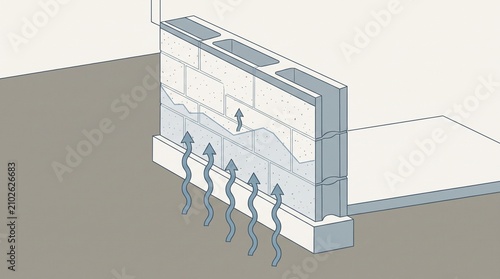 Diagram showing groundwater rising through a basement wall by capillary action