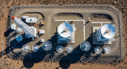 Advanced Satellite Ground Station Complex Featuring Large Dishes and Antennas in a Remote Desert Environment