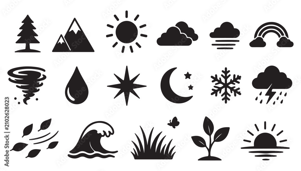 Obraz premium Nature and Weather Icons Set: Sun Rain Wind Mountain Tree Cloud