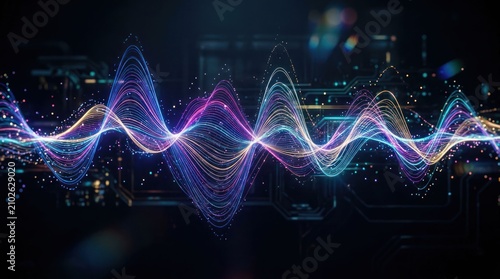 Abstract Sound Waveform Visualization Over Cityscape at Night.