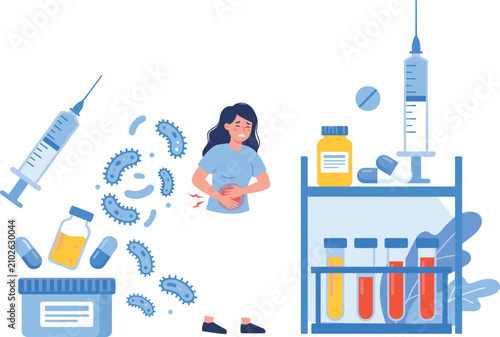Foto Sick woman suffering from severe stomach ache surrounded by bacteria viruses and