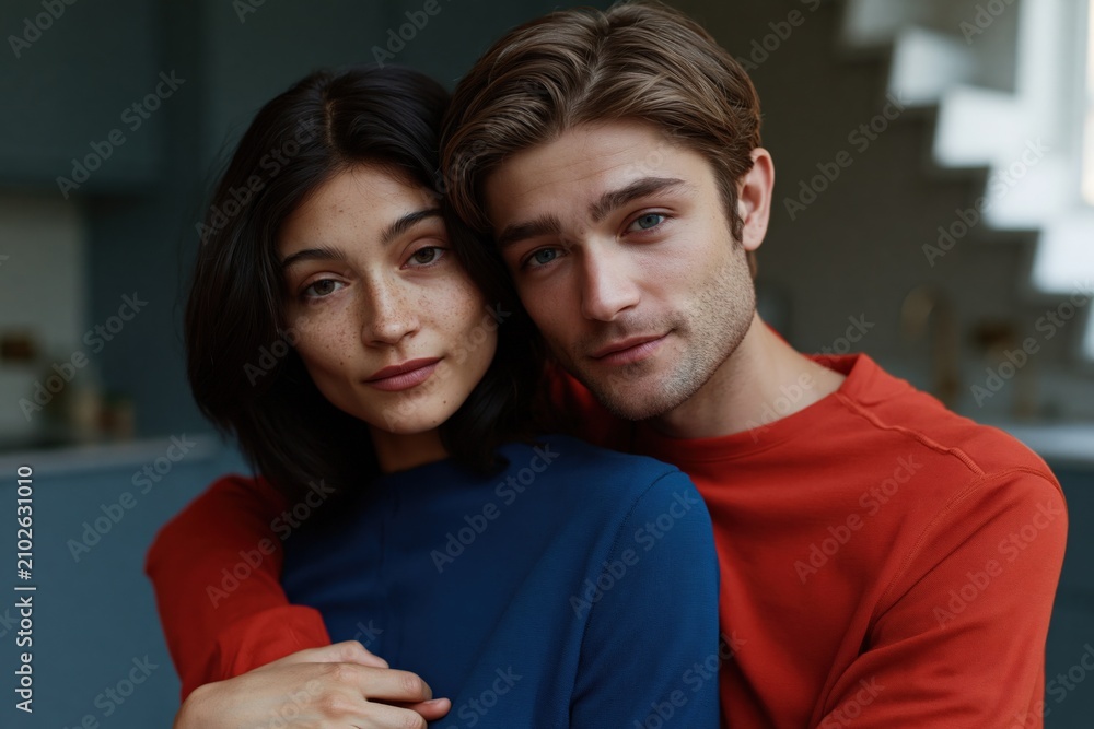 Fototapeta premium Couple in a warm embrace with staircase interior background for romantic poster and lifestyle banner design