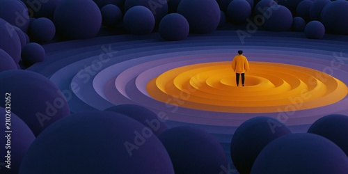 Man in yellow jacket standing in concentric orange crater surrounded by purple spheres for surreal poster and background