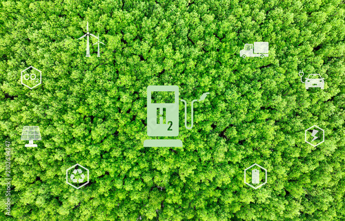 Quadro su tela Green hydrogen energy generation using sustainable renewable resources like sun and wind