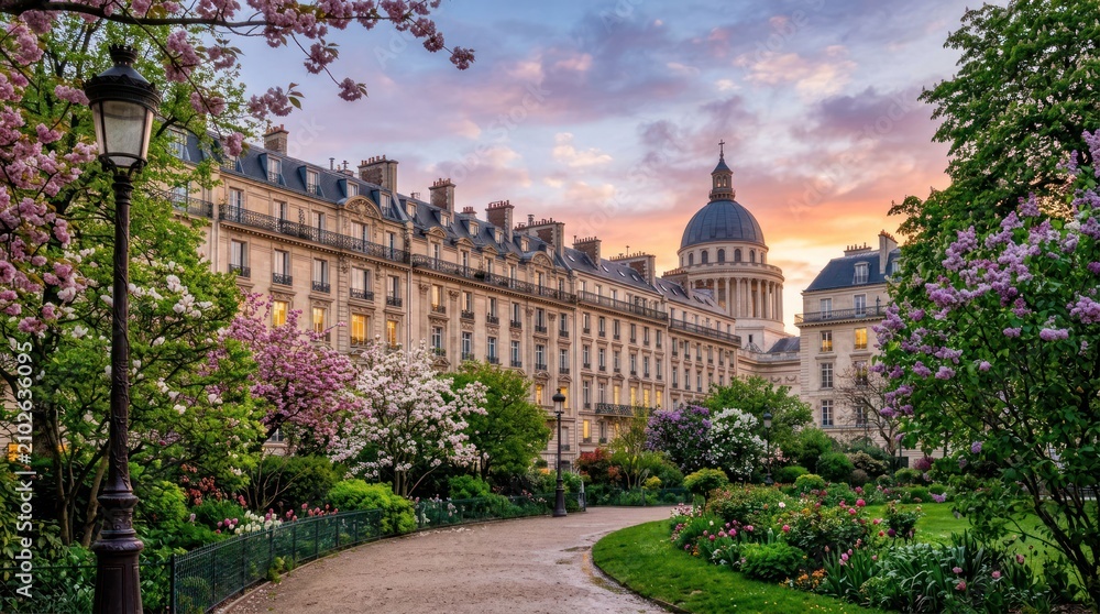 Obraz premium Beautiful Parisian Garden with Historic Architecture at Sunset.