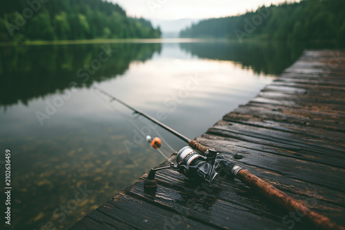 Fishing rod with spinning reel resting on old wooden pier over calm lake water surface surrounded by lush green forest landscape.