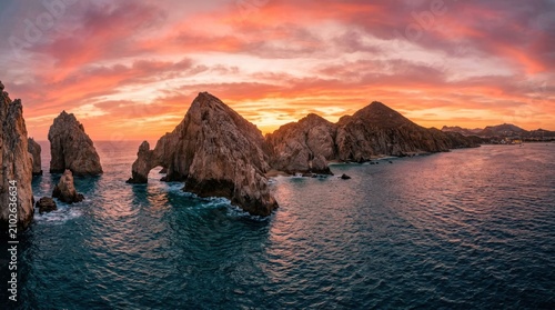 Breathtaking Cabo San Lucas Arch at Sunset Panorama.