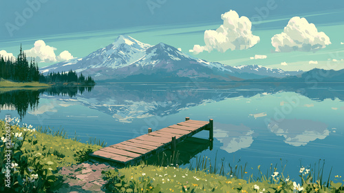 Idyllic pixel art landscape with serene lake, snow-capped mountains, wooden pier, and white clouds in blue sky.