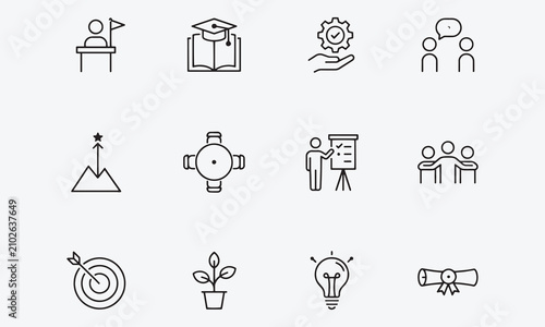 Workshop line editable icon set. Containing training, learn, skill, coaching, motivation, meeting, presentation