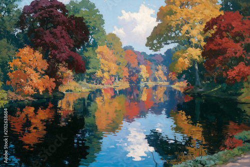 A vibrant oil painting depicting autumn trees with colorful foliage reflecting beautifully on a calm river.