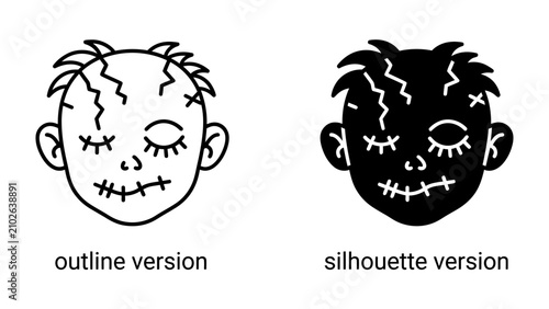 Konstfotografi Voodoo Doll Icons: Two distinct icons representing a voodoo doll, one in an outline style and the other as a silhouette, both depicting a stitched face and closed eyes