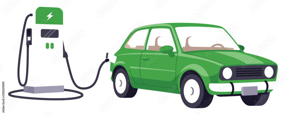 Naklejka premium Electric Car Vector Illustration with Green Compact Vehicle Connected to EV Charging Station for Clean Energy Transportation