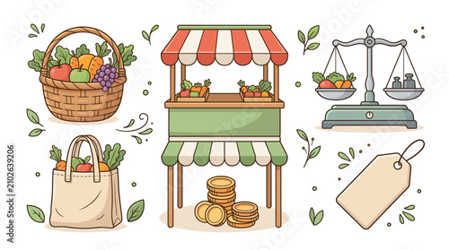 Farmers market flat design elements with produce and scales