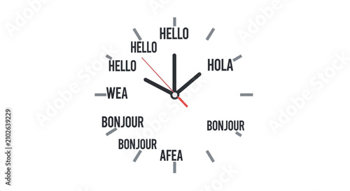 Global Communication Concept Clock with Multilingual Greetings Hello Hola and Bonjour