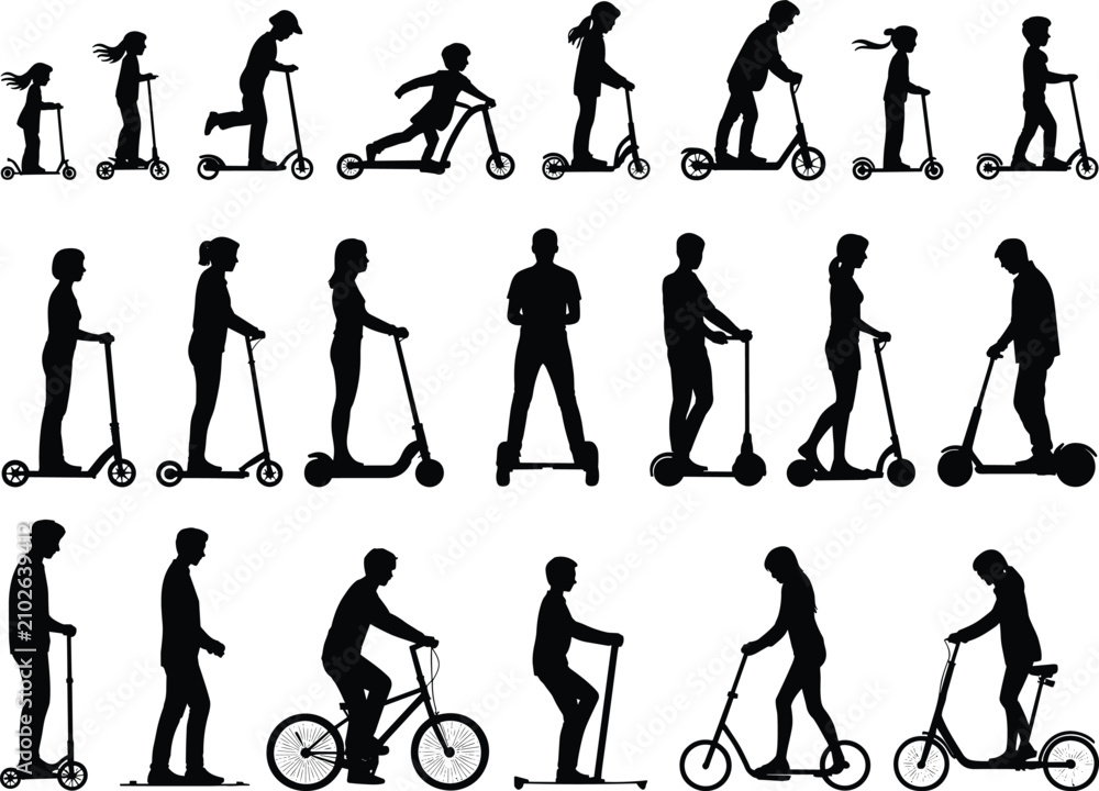 Fototapeta premium Scooter bicycle silhouettes, personal transport poses, riding activities, flat vector illustration