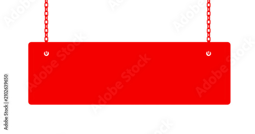 Long horizontal red rectangular signboard hanging from metallic top chains