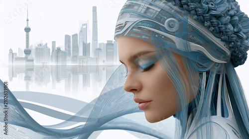 Future cityscape cyberpunk female android artificial intelligence digital art blue color modern skyline sci fi technology futuristic fashion serene future cityscape cyberpunk female android