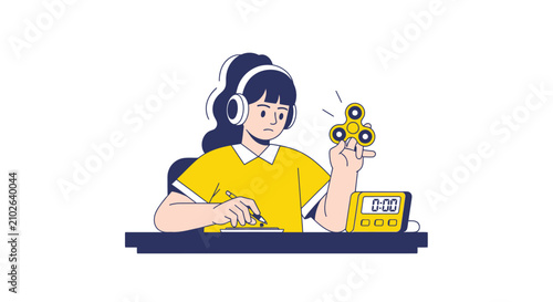 Girl with ADHD using a fidget spinner and headphones while studying, representing neurodiversity, distraction, and executive dysfunction in education.