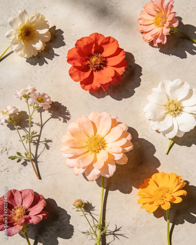 Flowers in sunshine on concrete background. Meadow poppies, clover, cornflower blooming. Aesthetic, minimal, stylish, still life, blossom bouquet composition. Warm, pastel colors. Vertical, blur