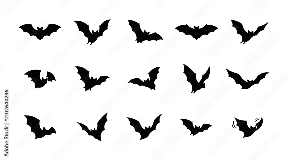 Fototapeta premium Set of silhouettes of bats in different flying poses for halloween design with silhouette halloween wildlife creature nocturnal collection