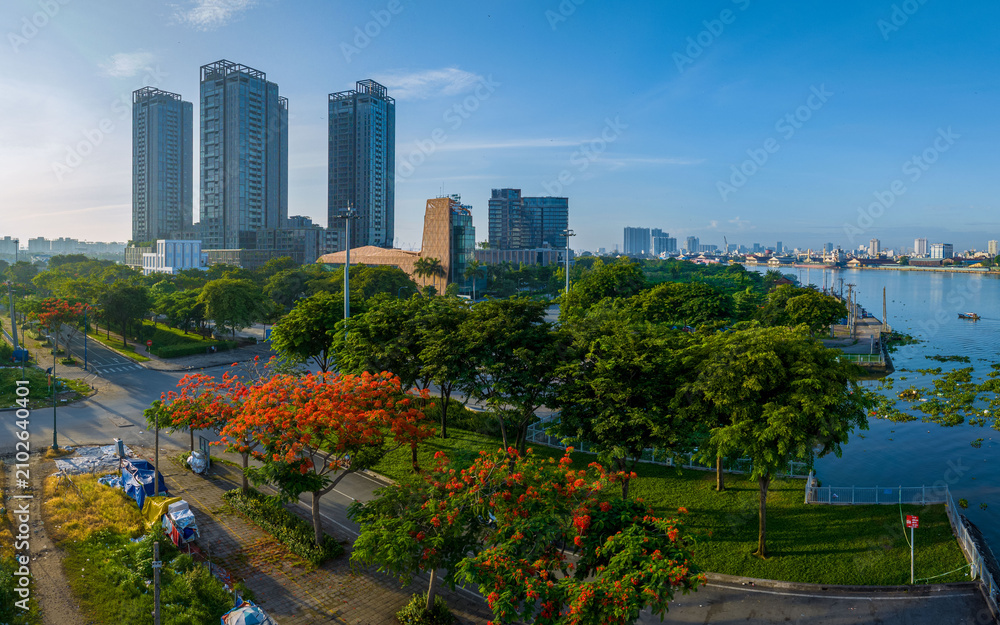 Fototapeta premium Sunrise on Saigon riverside, Ho Chi Minh city Vietnam. Photo taken on 2023 