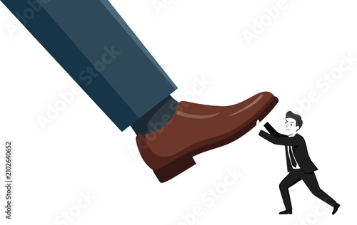 Cartoon Businessman Resisting Giant Foot Symbolizing Pressure, Oppression, and Struggle