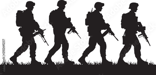 Silhouette of a group of soldiers walking in a line, military patrol, army infantry squad on a mission, vector illustration